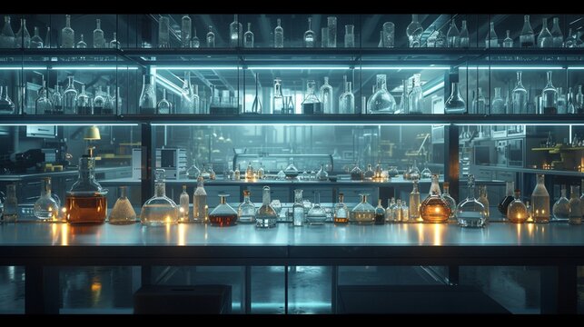 Pristine laboratory bench adorned with gleaming glassware.