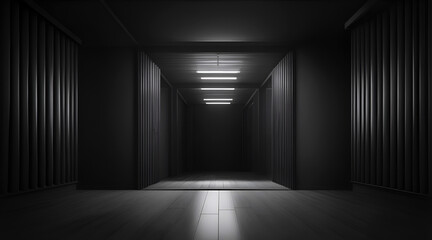 Black empty room with black curtains and wooden floor. 3d background
