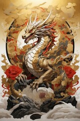 digital art, illustration of a golden dragon 