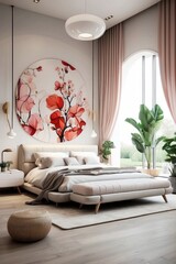 Modern interior bedroom design with flowers and plants, round and circle design