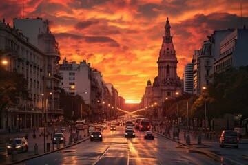 Traffic on the road in Madrid, Spain. Beautiful sunset, Sunset over Buenos Aires, Argentina, AI...