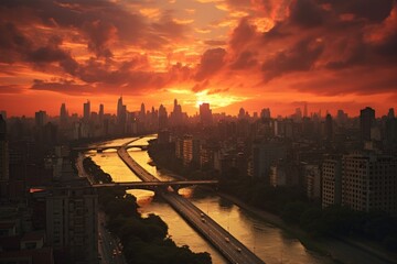 Aerial view of the city of Sao Paulo at sunset, Brazil, Sunset over Buenos Aires, Argentina, AI...