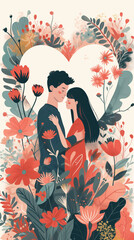 Fototapeta premium Couple in Heartful Embrace Amidst Flowers Flat Design Illustration Vertical 