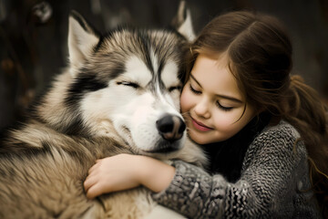 A young girl envelops herself in a tender embrace with her loyal Irish Alaskan Malamute dog, embodying a profound bond of companionship and love, genuine connection and unwavering affection

