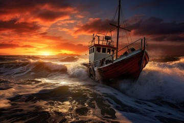 Fishing boat in the sea at sunset, 3d render, Sunset shot of a small fishing boat in rough tide, AI Generated