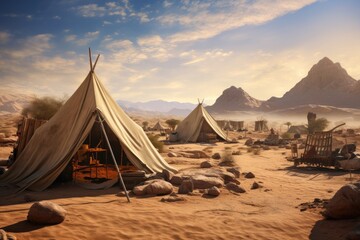 A collection of tents standing alone amidst a vast and barren desert landscape, Tent encampment in a desert environment, AI Generated - obrazy, fototapety, plakaty