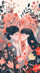 Couple in Heartful Embrace Amidst Flowers Flat Design Illustration Vertical
