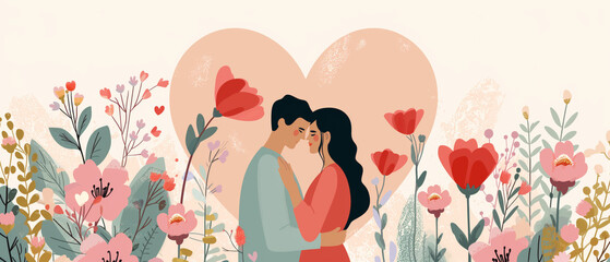 Couple in Heartful Embrace Amidst Flowers Flat Design Illustration
