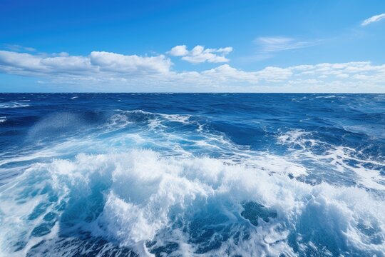 Ocean View From Back of Boat - Scenic Waterfront Landscape Picture, The Atlantic Ocean with blue water on a sunny day, Waves, foam, and wake caused by a cruise ship in the sea, AI Generated