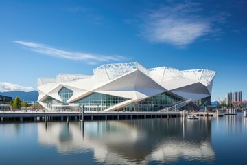 Fototapeta premium A large, pristine white building positioned next to the calm and peaceful waters, The new and modern Vancouver Convention Center in Coal Harbour, Vancouver, AI Generated