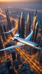 futuristic silver chrome airplane, private jet flying over super modern city