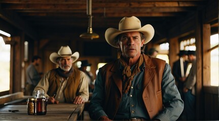 a striking portrayal of a cowboys in a bar