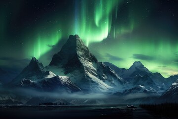 A stunning mountain landscape illuminated by shimmering green and purple lights, The tallest mountain in the world at night with the northern lights, AI Generated