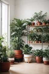 A corner in a room full of plants in pots, parquets floor, white walls, angle view, ultra detailed, photorealistic