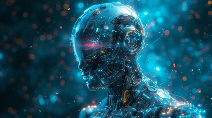 Illustration of an artificial intelligence human robot body with a technological feel background, generative AI, background image - obrazy, fototapety, plakaty