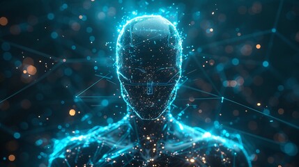 Illustration of an artificial intelligence human robot body with a technological feel background, generative AI, background image - obrazy, fototapety, plakaty