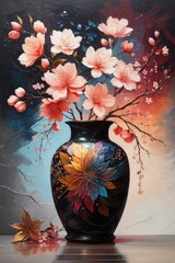 Modern Acrylic painting, one flower vase, stars, cherry blossom branch, dark tones, whimsical atmosphere, digital art/illustration