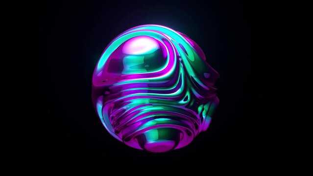 3D animation of abstract art with a surreal metal sphere or ball in the process of deformation transformation. Blue purple neon color