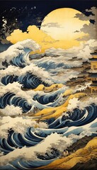 Katsushika Hokusai's Japanese depiction of a very turbulent sea with massive waves, digital art/illustration