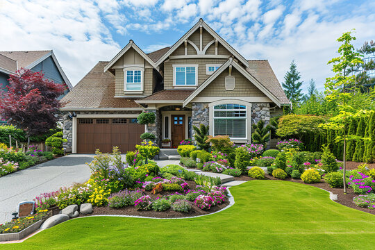 Beautiful luxury home exterior view on stunning curb appeal with colorful plants and cloud sky english country house landscaping.