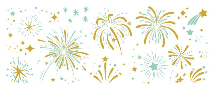 Set of new year firework vector illustration. Collection of golden, light green fireworks on white background. Art design suitable for decoration, print, poster, banner, wallpaper, card, cover.