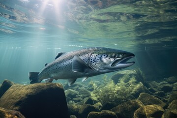 A large fish elegantly swims through the pristine and transparent aquamarine water, Underwater shot of a salmon searching for food, AI Generated