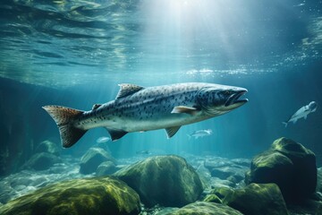 A captivating photo capturing the graceful movement of a sizable fish as it glides through the water, Underwater shot of a salmon searching for food, AI Generated