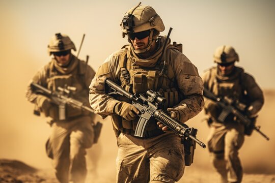 A group of soldiers on a military mission walk across a vast desert landscape, United States Marine Corps Special forces soldiers in action during a desert mission, AI Generated
