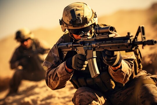 A soldier stands confidently with a gun in his hand, prepared for combat, United States Marine Corps Special forces soldiers in action during a desert mission, AI Generated