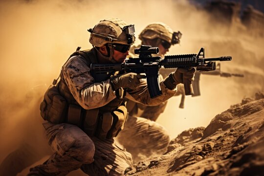 Soldiers in Dirt, a Powerful Image of Military Resilience and Sacrifice, United States Marine Corps Special forces soldiers in action during a desert mission, AI Generated