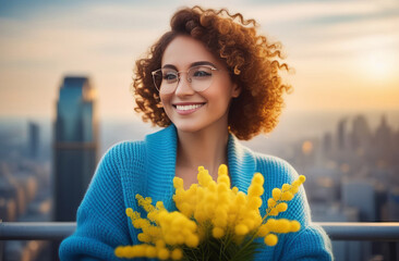 Portrait of beautiful woman holding yellow flowers of mimosa in her hand. Against the backdrop of a big city. - obrazy, fototapety, plakaty