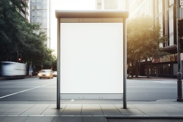 An empty bus stop with a bench and a shelter on a city street, waiting for commuters, Vertical blank white billboard at a bus stop on a city street, AI Generated