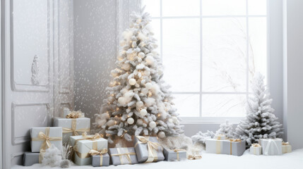 Elegant Christmas tree decorated with balls in shades of white, gold in light interior. interior design ideas and create atmosphere of Christmas fairy tale. Luxury expensive Christmas tree background