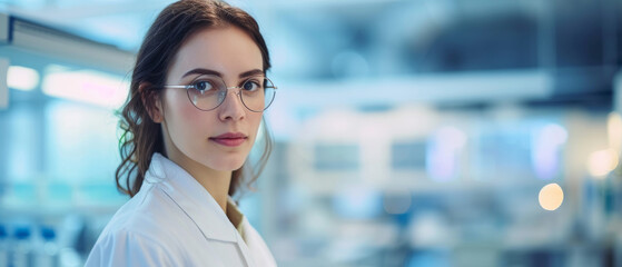 Obraz premium Young woman researcher. She is wearing a white coat. Medicine and Biology Laboratory behind her and a team of scientists. Research, medicine and healthcare concept.