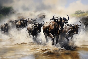 Herd of Wild Animals Running Through River Painting, Wildebeests crossing Mara River, Great Migration, Kenya, Tanzania, Maasai Mara National Park, AI Generated - obrazy, fototapety, plakaty