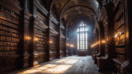 an old, wooden library with bookshelves on either side and a window at the end. The room has a cathedral-like ceiling and is filled with sunlight. There are several flickering candles providing additi - obrazy, fototapety, plakaty