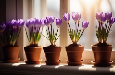 Beautiful spring flowers in pots on window sill. - obrazy, fototapety, plakaty