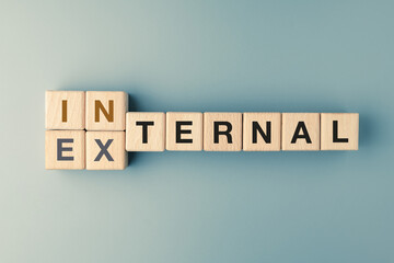 Internal versus external concept text on alphabet wood blocks