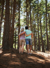 Fototapeta premium Couple, hiking and hug in forest for love, embrace or support in trust, care or bonding in nature. Rear view or back of young man and woman in romance, affection or walking together in outdoor woods