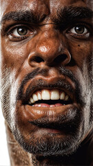 A male boxer with a fierce expression and sweat on his face. He has a cut above his left eye and is wearing red boxing gloves.