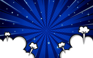 Pop art comic background with clouds and stars. Cartoon Vector Illustration