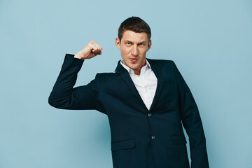 Friendly man laugh mature gesture mouth finger shirt confident joy guy surprise look