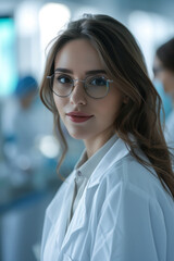 Fototapeta premium Young woman researcher. She is wearing a white coat. Medicine and Biology Laboratory behind her and a team of scientists. Research, medicine and healthcare concept.