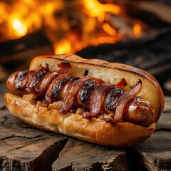 grilled sausage hotdog with crispy bacon served infront of the burning logs . generative ai