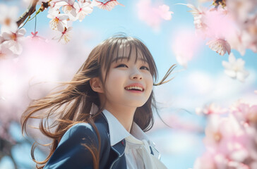 春　桜の前で微笑む女性