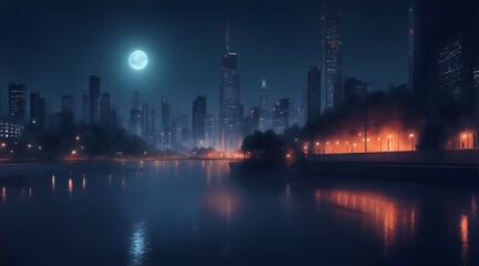 Night view of the city by the river with a full moon