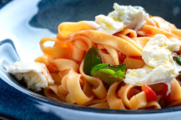 Homemade pasta with mozzarella cheese, tomatoes and basil in a blue plate on a rustic wooden...
