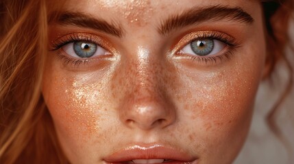 Fototapeta premium Radiant Freckled Beauty: A Sun-Kissed Portrait with a Glittering Glow