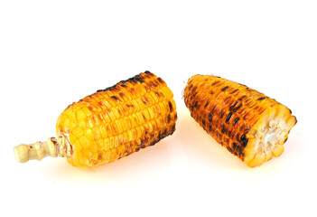half of grilled sweet corn , Snack from pieces of grilled corn isolated on white background