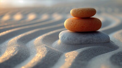 Fototapeta na wymiar Serene Zen Garden Aesthetic: Peach Fuzz Sand Texture with Smooth Stone Patterns, Calming Minimalist Design for Meditation and Relaxation